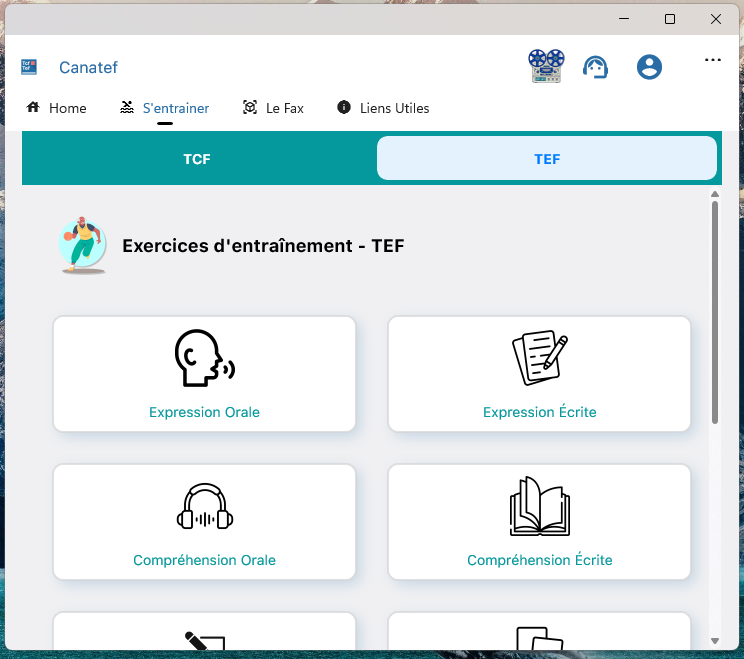 interface de l'application canatef pour pc