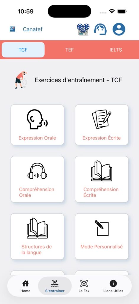 entrainement tcf sur l'application canatef