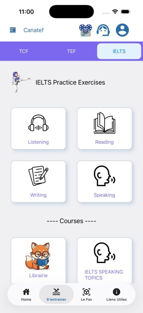 entrainement ielts sur l'application canatef