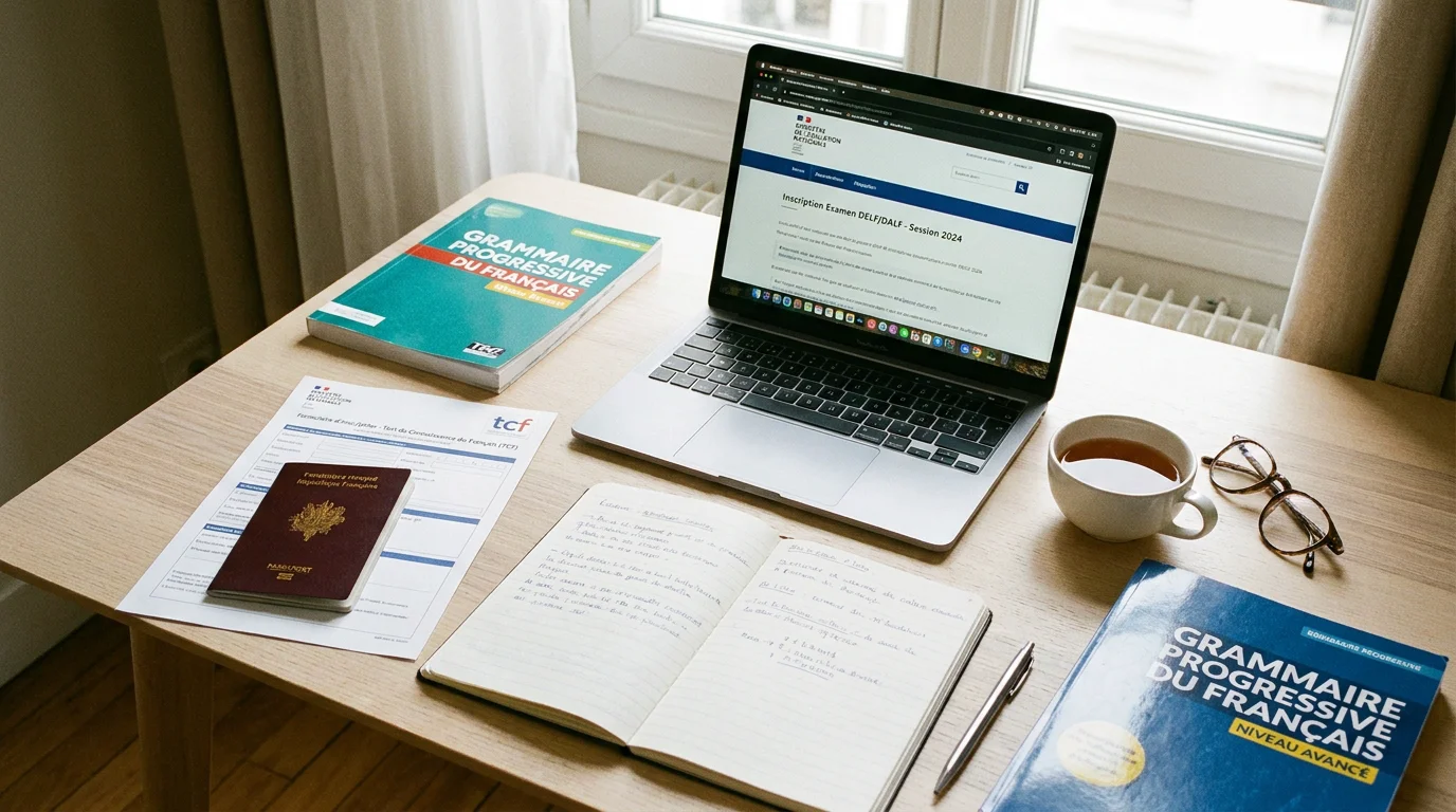 Bureau de préparation au TEF avec documents et ordinateur