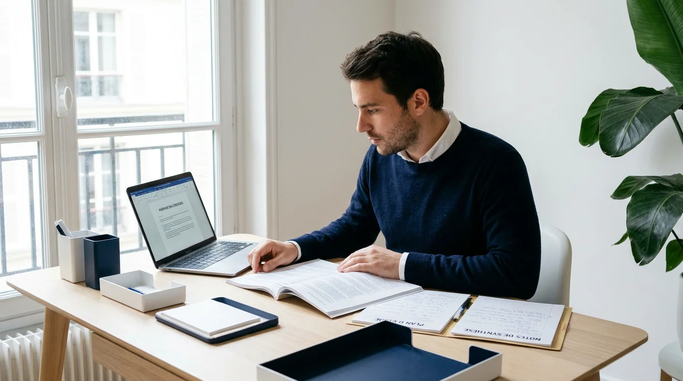 Candidat préparant le TCF à un bureau organisé avec documents et ordinateur