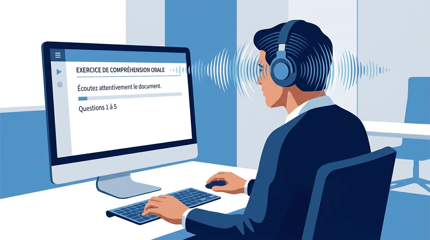 Candidat en entraînement de compréhension orale pour le TCF avec casque audio